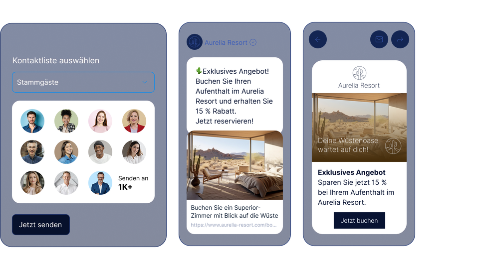 Ansicht einer Bulk-Messaging-Kampagne von LINK Mobility mit Kontaktlistenauswahl, Rabattnachricht für das Aurelia Resort und Vorschauen auf verschiedenen Mobilgeräten.