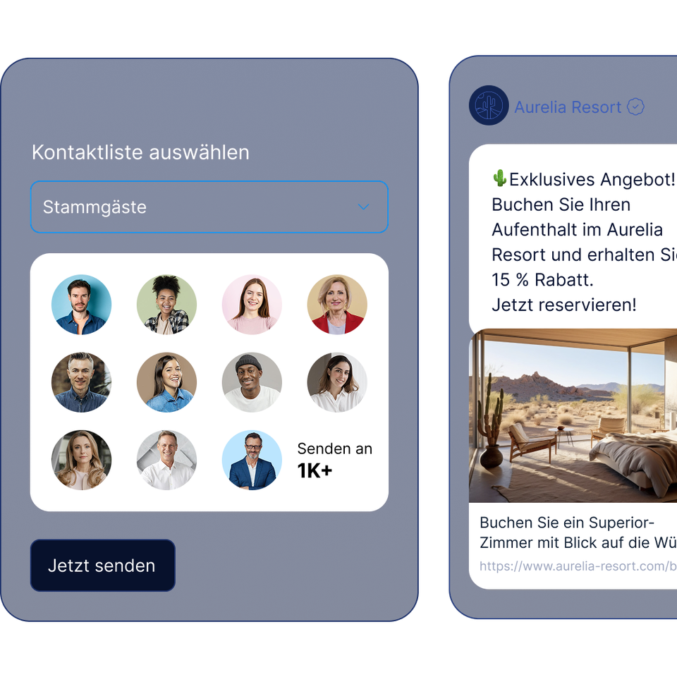 Ansicht einer Bulk-Messaging-Kampagne von LINK Mobility mit Kontaktlistenauswahl, Rabattnachricht für das Aurelia Resort und Vorschauen auf verschiedenen Mobilgeräten.