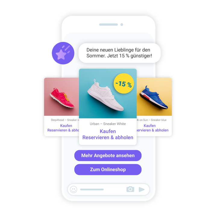 Mobile Benutzeroberfläche mit Sommer-Sneaker-Angeboten mit 15 % Rabatt, auf der rote, weiße und blaue Sneaker mit Kaufoptionen angezeigt werden.