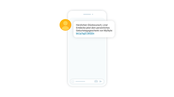 Smartphone, auf dem eine Benachrichtigung angezeigt wird, in der ein Geburtstagsgeschenk mit einem Link zum fiktiven Unternehmen MyStyle angeboten wird.