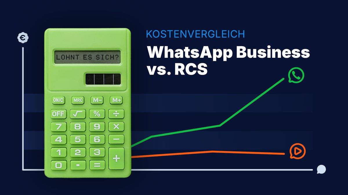Grafik zum Kostenvergleich von WhatsApp Business und RCS: Ein grüner Taschenrechner mit der Anzeige „Lohnt es sich?“ steht vor einem Diagramm. Die grüne Kurve für WhatsApp steigt deutlich an, während die orangefarbene RCS-Kurve nahezu konstant verläuft. Das Bild veranschaulicht die Auswirkungen der neuen WhatsApp-Business-Preise und den Kostenvergleich mit RCS.