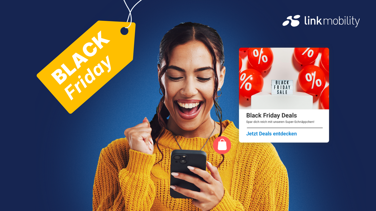 Eine Frau in einem gelben Pullover schaut aufgeregt auf ihr Handy. Auf dem Display sind der Schriftzug „Black Friday“ und Einkaufssymbole zu sehen, die für Sonderangebote werben.