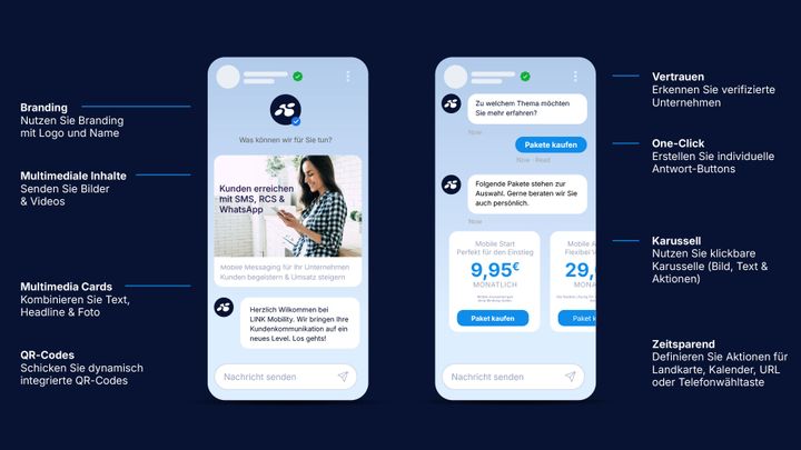 Auf zwei Smartphone-Bildschirmen werden RCS-Messaging-Funktionen für Unternehmen angezeigt, darunter Optionen wie Multimedia-Karten, QR-Codes und Symbole für verifizierte Unternehmensvertrauenswürdigkeit.