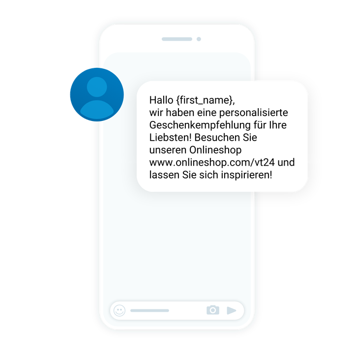 Smartphone-Bildschirm, auf dem eine SMS mit einer personalisierten Geschenkempfehlung und einem Website-Link angezeigt wird.