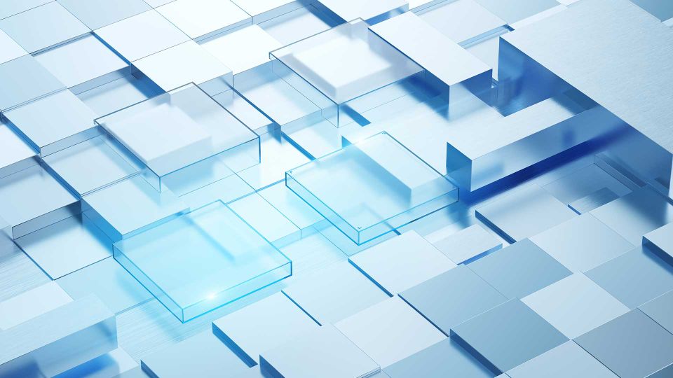 Abstrakte, miteinander verbundene digitale Bausteine als Symbol für eine sichere Datenarchitektur, strukturierte Informationsverwaltung und Datenschutz.