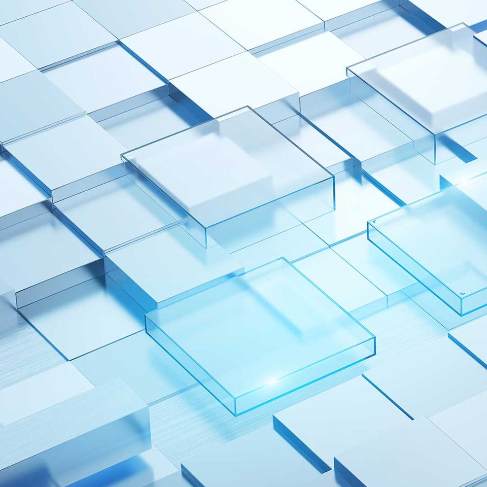 Abstrakte, miteinander verbundene digitale Bausteine als Symbol für eine sichere Datenarchitektur, strukturierte Informationsverwaltung und Datenschutz.