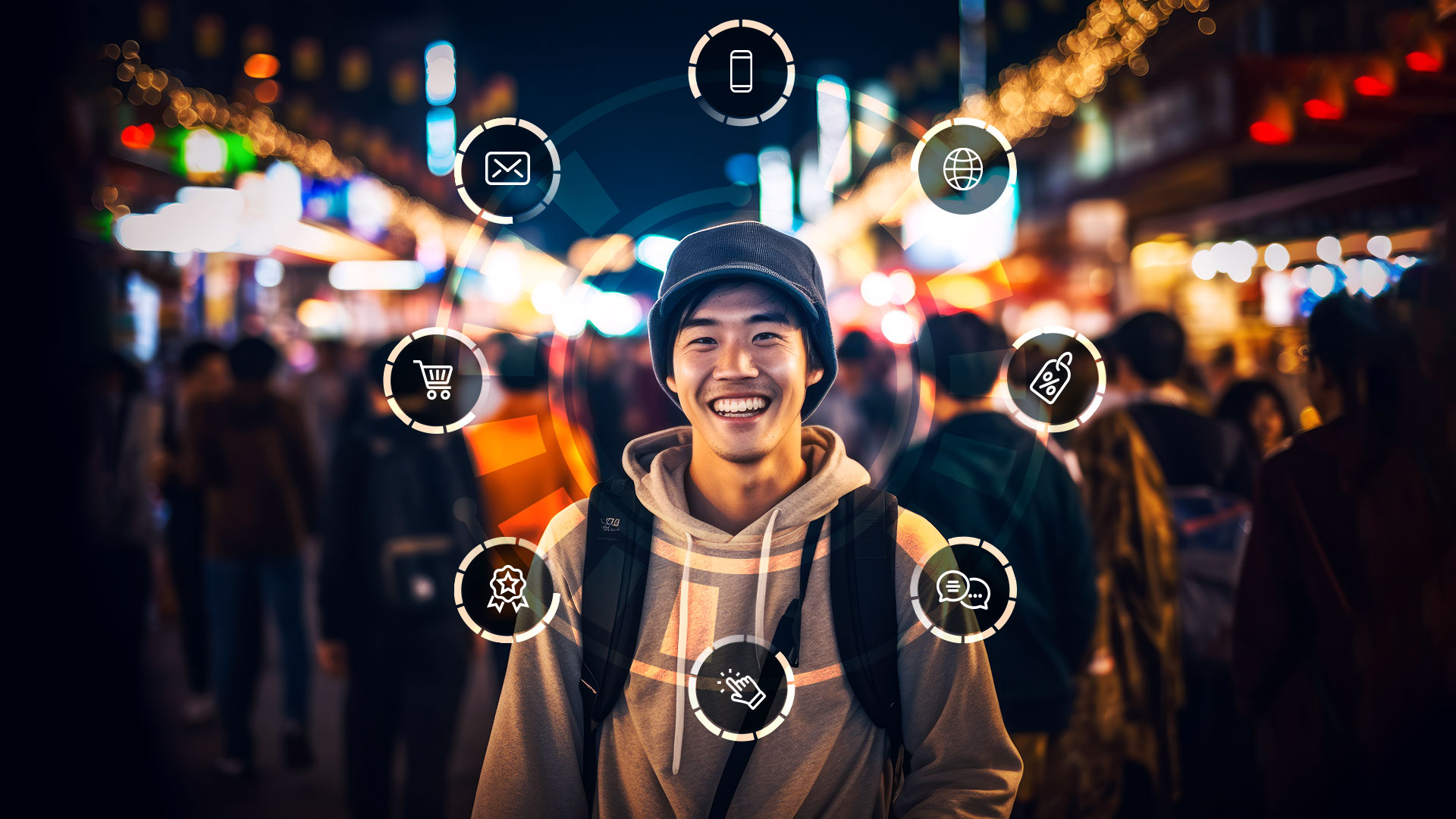 Eine lächelnde Person auf einem belebten, hell erleuchteten Markt, um die herum digitale Symbole schweben, die für Vernetzung und Kommunikation stehen.