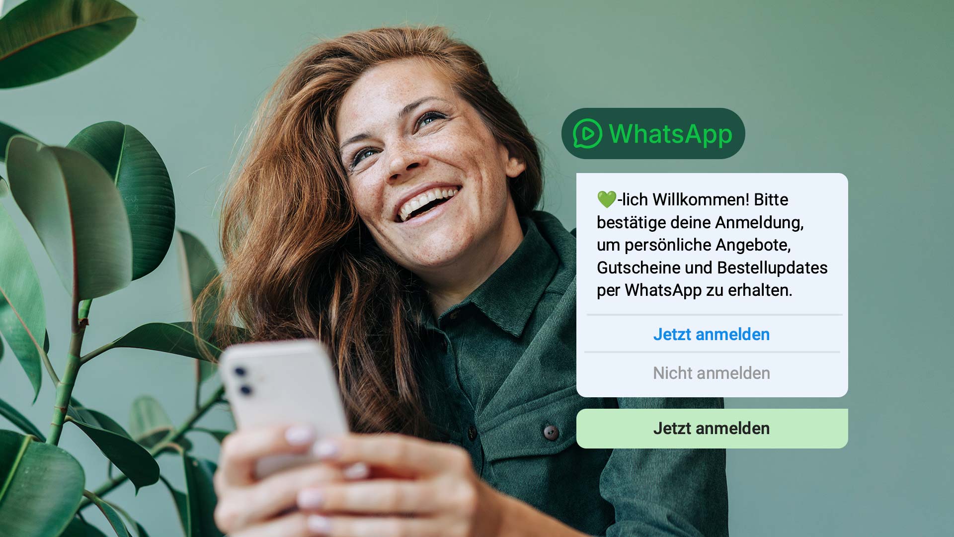 A smiling woman holding a smartphone in front of green plants. A WhatsApp sign-up screen overlay is partially visible in German.