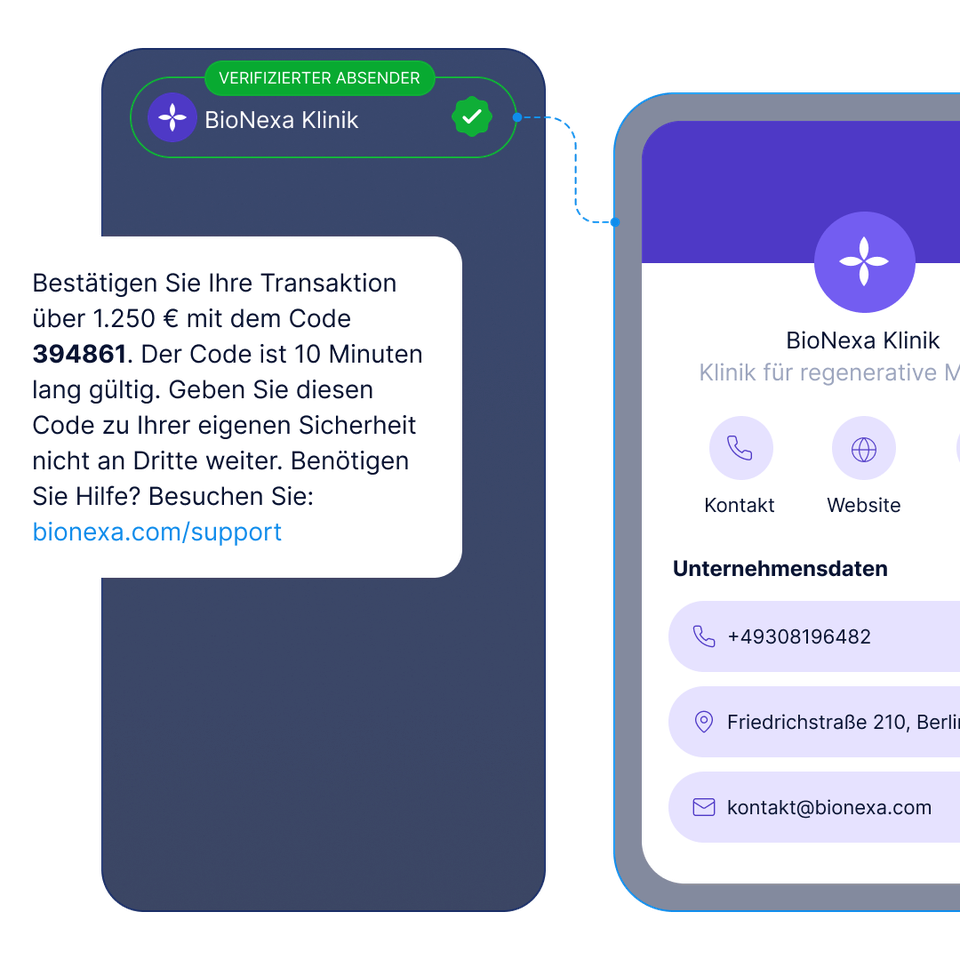 Sichere Transaktionsnachricht mit verifiziertem Absender, OTP-Bestätigung und Zahlungsfreigabe über mobile Kommunikation.