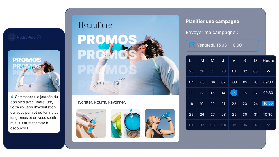Un homme boit à une bouteille d'eau bleue sous un ciel dégagé. On peut lire « HydraPure » et « PROMOS » sur le texte. Un calendrier indique qu'une campagne est prévue le 15 mars à 10 h.