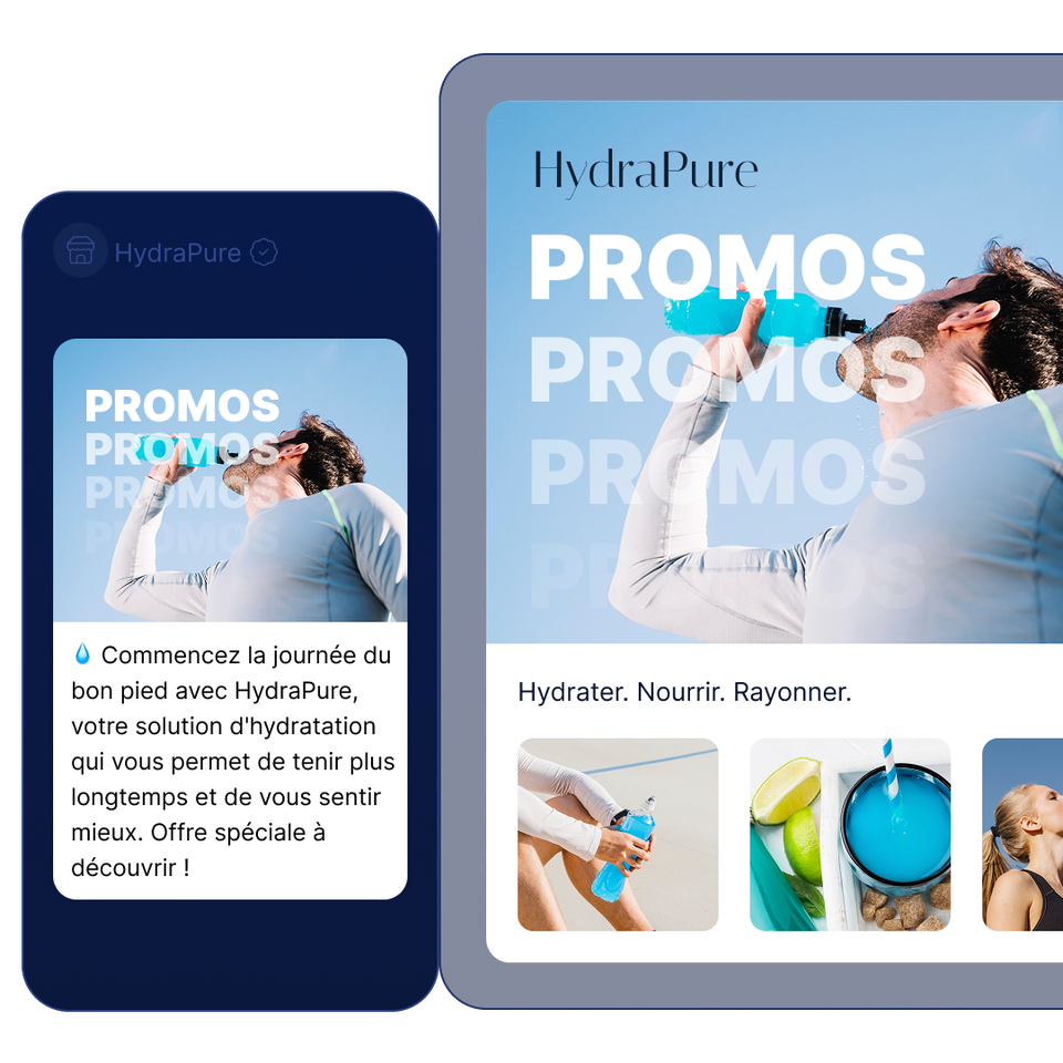 Un homme boit à une bouteille d'eau bleue sous un ciel dégagé. On peut lire « HydraPure » et « PROMOS » sur le texte. Un calendrier indique qu'une campagne est prévue le 15 mars à 10 h.