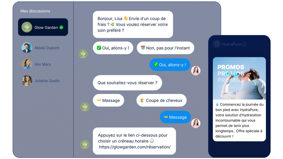 Interface de chat présentant une conversation sur la prise de rendez-vous chez Glow Garden, qui propose des massages et des coupes de cheveux. Publicité promotionnelle pour HydraPure affichée à droite.
