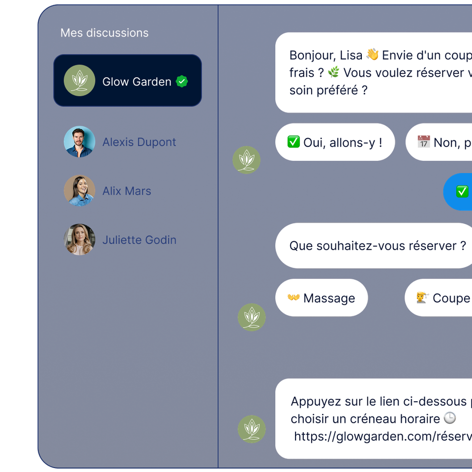 Interface de chat présentant une conversation sur la prise de rendez-vous chez Glow Garden, qui propose des massages et des coupes de cheveux. Publicité promotionnelle pour HydraPure affichée à droite.