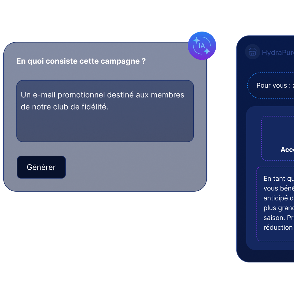 Description d'une campagne d'e-mailing en français, accompagnée d'un modèle d'e-mail promotionnel destiné aux membres d'un club de fidélité, proposant un accès VIP et des réductions.