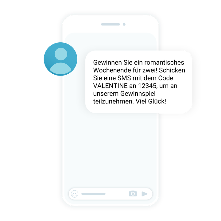 Eine SMS auf dem Smartphone-Bildschirm, in der ein romantisches Wochenende zu zweit angeboten wird; zur Teilnahme ist eine SMS mit dem Code „VALENTINE“ erforderlich.