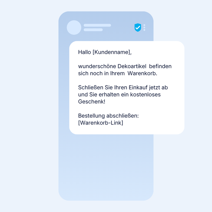 Smartphone-Bildschirm, auf dem eine Meldung zum Abschluss eines Kaufs von Dekorationsartikeln mit einem Link und einem Angebot für ein Gratisgeschenk angezeigt wird.