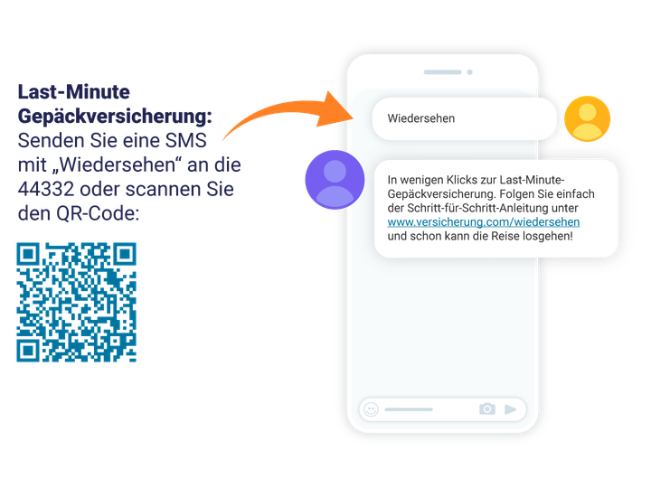 Bild, das einen Handybildschirm zeigt, auf dem Anweisungen für eine Last-Minute-Gepäckversicherung angezeigt werden. QR-Code und Textaufforderung, „Wiedersehen“ per SMS zu senden.