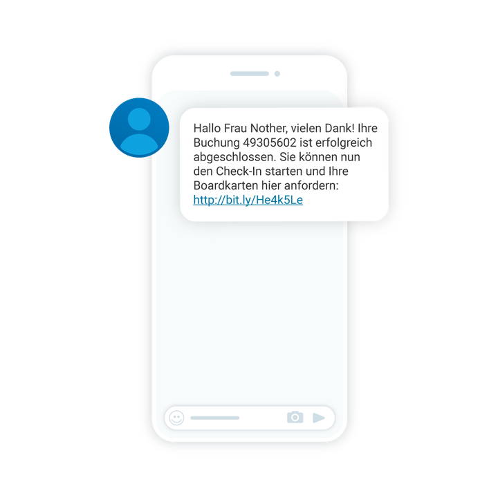 Smartphone, auf dem eine Meldung über eine erfolgreiche Buchung sowie ein Link zum Check-in und zum Abrufen der Bordkarte angezeigt wird.