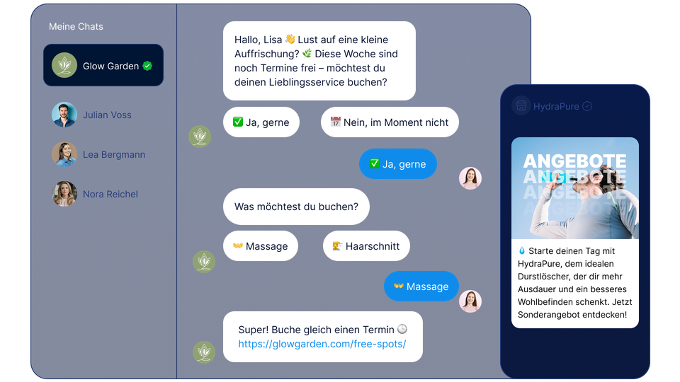 Zwei-Wege-Chat von LINK Mobility mit interaktiver Terminbuchung, Schnellantworten und Planung per Link.