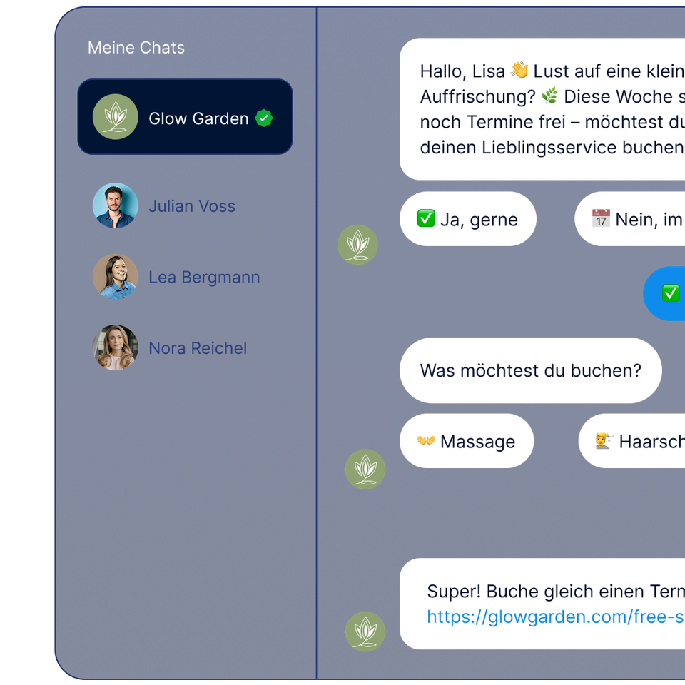 Zwei-Wege-Chat von LINK Mobility mit interaktiver Terminbuchung, Schnellantworten und Planung per Link.