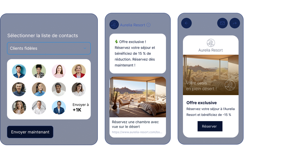 Trois écrans d'application présentant une liste de contacts, une offre de réservation d'hôtel avec vue sur le désert et une réduction exclusive sur les réservations à l'Aurelia Resort.