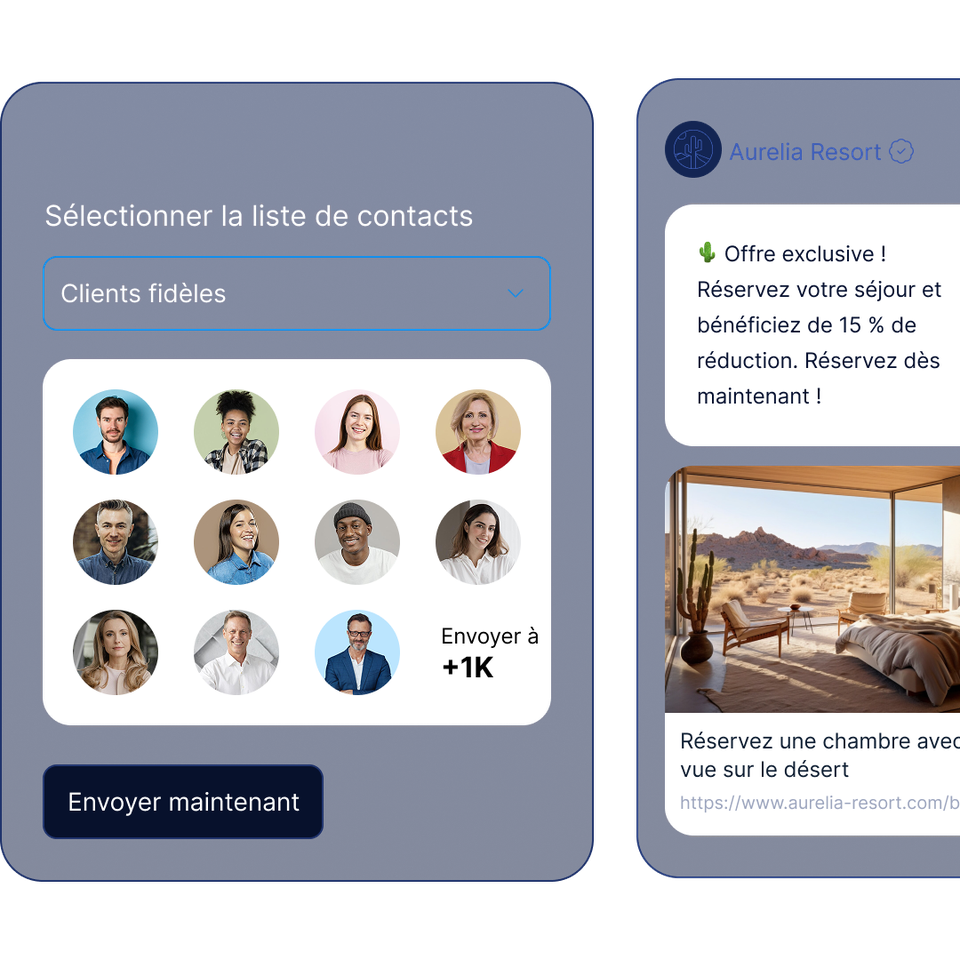 Trois écrans d'application présentant une liste de contacts, une offre de réservation d'hôtel avec vue sur le désert et une réduction exclusive sur les réservations à l'Aurelia Resort.