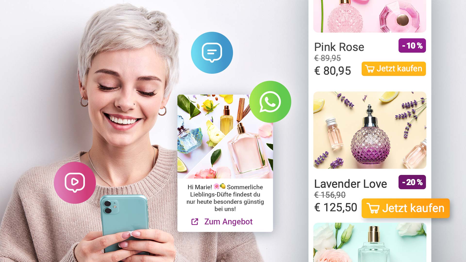 Eine Frau lächelt in die Kamera, auf der ein Parfüm-Werbebanner und Chat-Symbole zu sehen sind. Es werden Parfümangebote wie „Pink Rose“ und „Lavender Love“ zu reduzierten Preisen angezeigt.