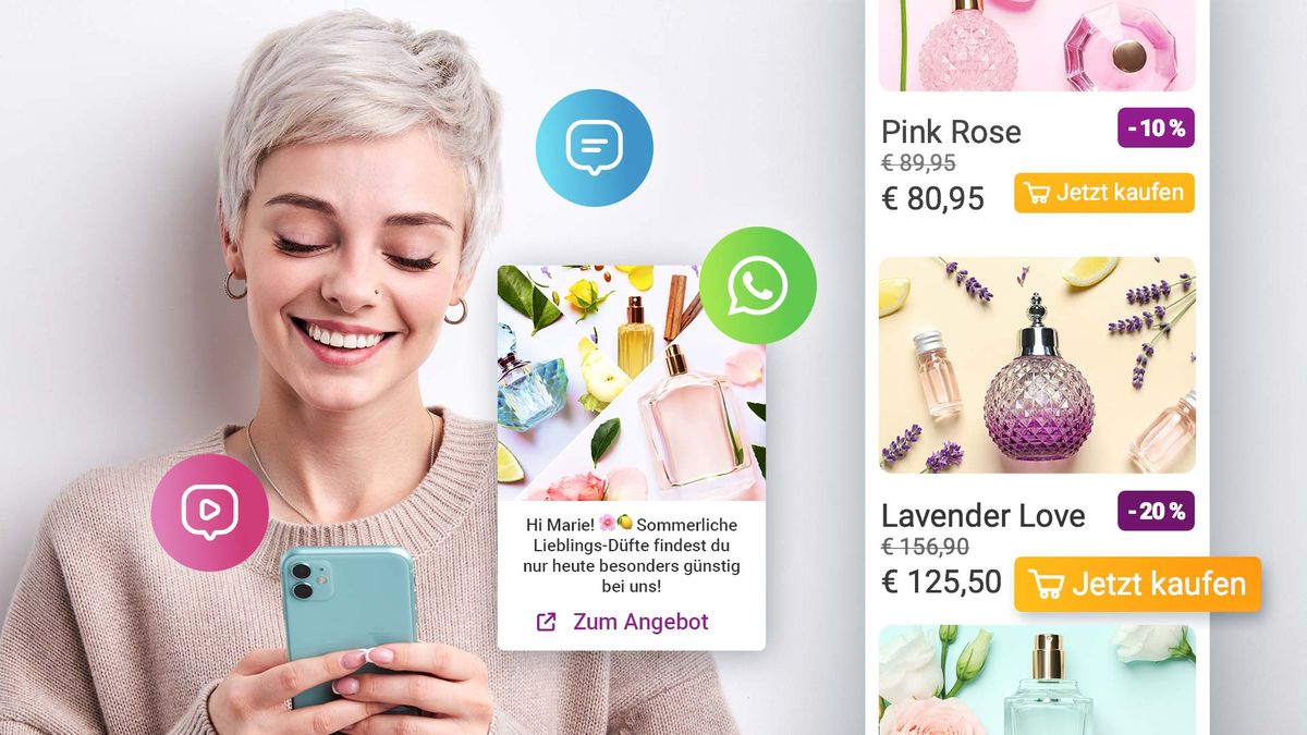 Eine Frau lächelt in die Kamera, auf der ein Parfüm-Werbebanner und Chat-Symbole zu sehen sind. Es werden Parfümangebote wie „Pink Rose“ und „Lavender Love“ zu reduzierten Preisen angezeigt.
