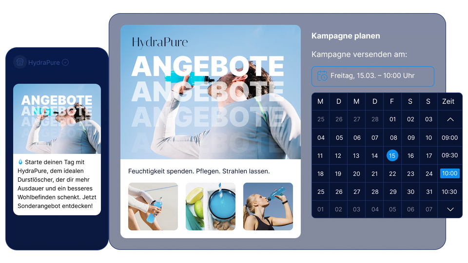 Geplante Bulk-Messaging-Kampagne von LINK Mobility mit HydraPure-Angebot, Gerätevorschauen und Kalender zur Auswahl des Versandzeitpunkts.