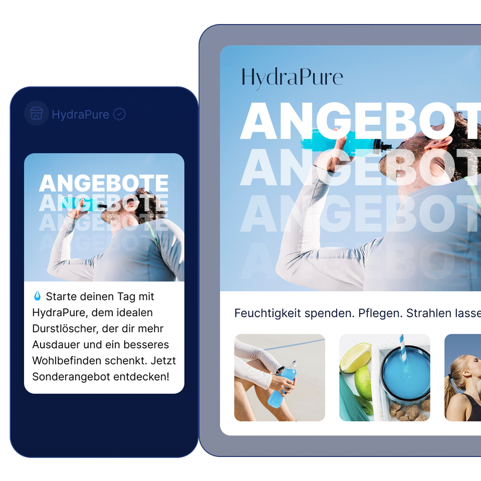 Geplante Bulk-Messaging-Kampagne von LINK Mobility mit HydraPure-Angebot, Gerätevorschauen und Kalender zur Auswahl des Versandzeitpunkts.
