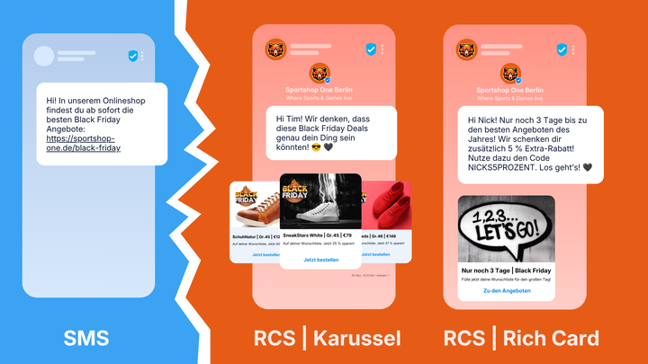 Vergleich zwischen SMS- und RCS-Nachrichten zu Black-Friday-Angeboten, darunter Schuhaktionen und Rabattangebote.