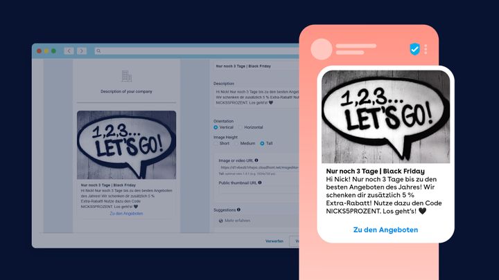 Ein Browserfenster und ein Handy, auf denen eine Black-Friday-Anzeige mit einer Sprechblase mit der Aufschrift „1, 2, 3… LOS GEHT’S!“ und einem Werbetext.