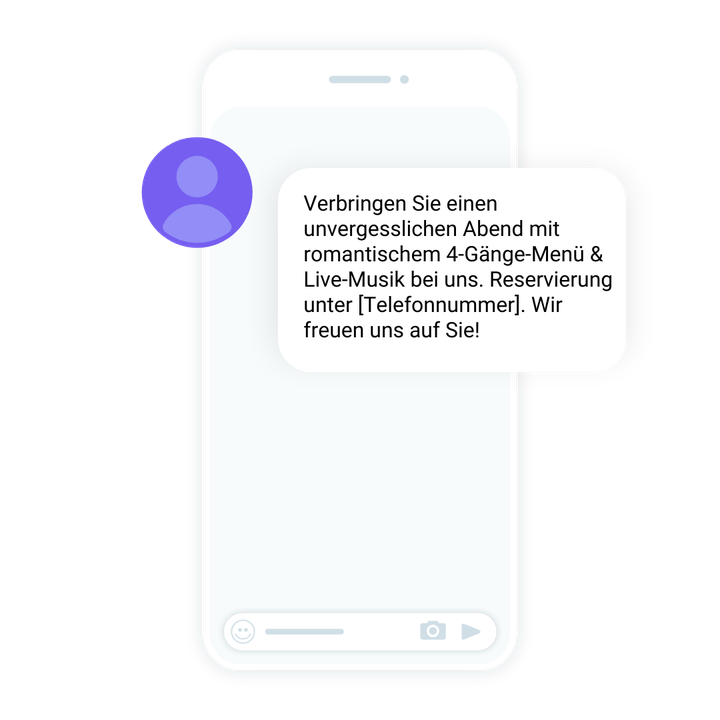 Auf einem Smartphone erscheint eine Nachricht, die zu einem Abend mit einem romantischen 4-Gänge-Menü und Live-Musik einlädt und eine Telefonnummer für Reservierungen enthält.