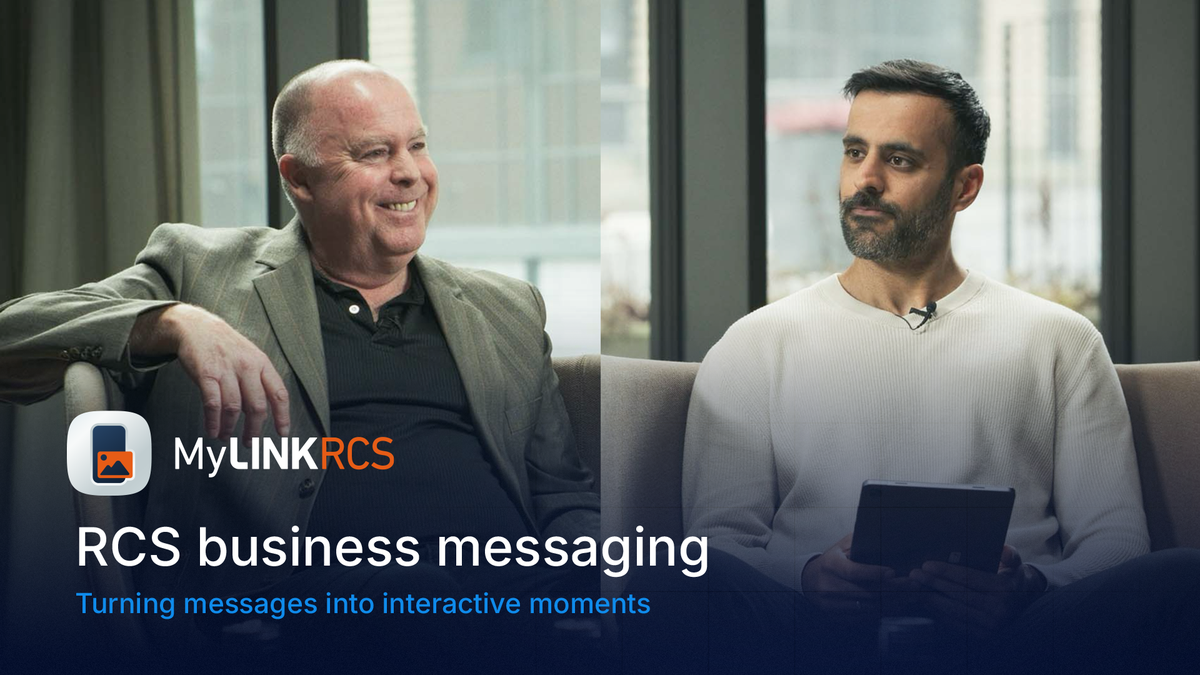 Two professionals seated in an interview setting with on-screen text reading “RCS business messaging” and “Turning messages into interactive moments,” promoting MyLINKRCS and LINK Mobility’s award-winning RCS Business Messaging solutions.