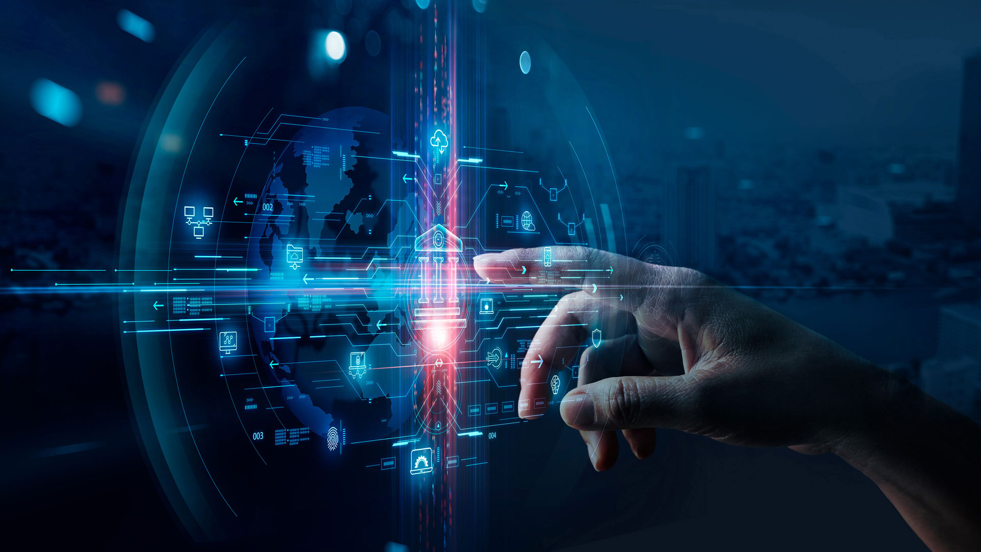 Eine Hand, die mit einer futuristischen digitalen Benutzeroberfläche interagiert, die einen holografischen Globus und verschiedene Symbole zeigt, vor dem Hintergrund einer verschwommenen Stadtlandschaft.