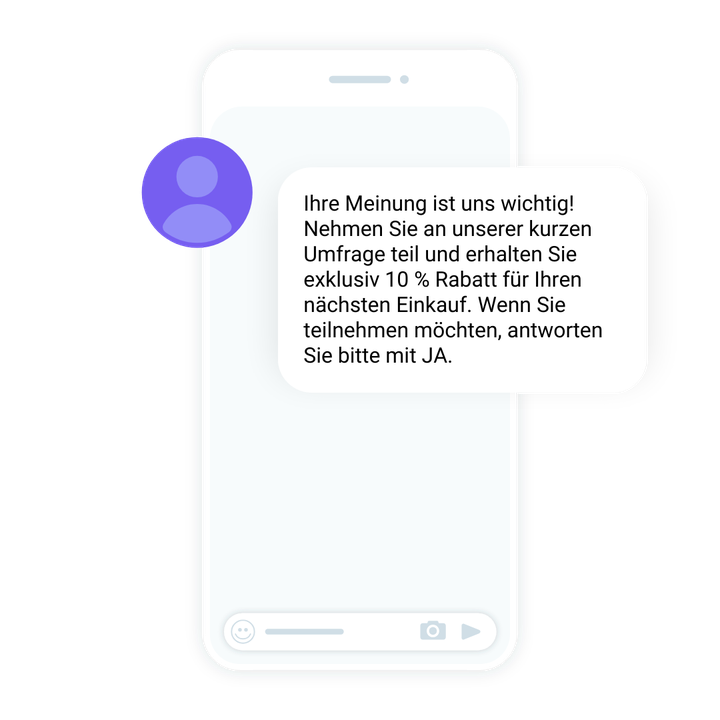Smartphone-Bildschirm mit einer Meldung, in der eine Umfrage mit 10 % Rabatt auf den nächsten Einkauf angeboten wird und zur Teilnahme die Antwort „JA“ verlangt wird.