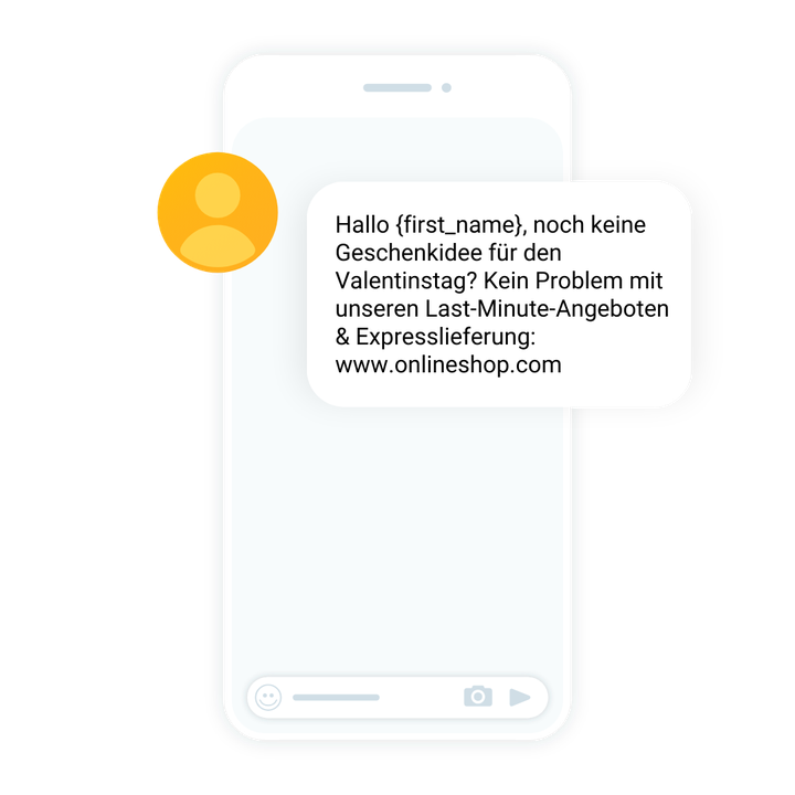 Smartphone-Bildschirm mit einer Meldung, die Last-Minute-Geschenkideen zum Valentinstag und Expressversand durch einen Online-Shop anbietet.
