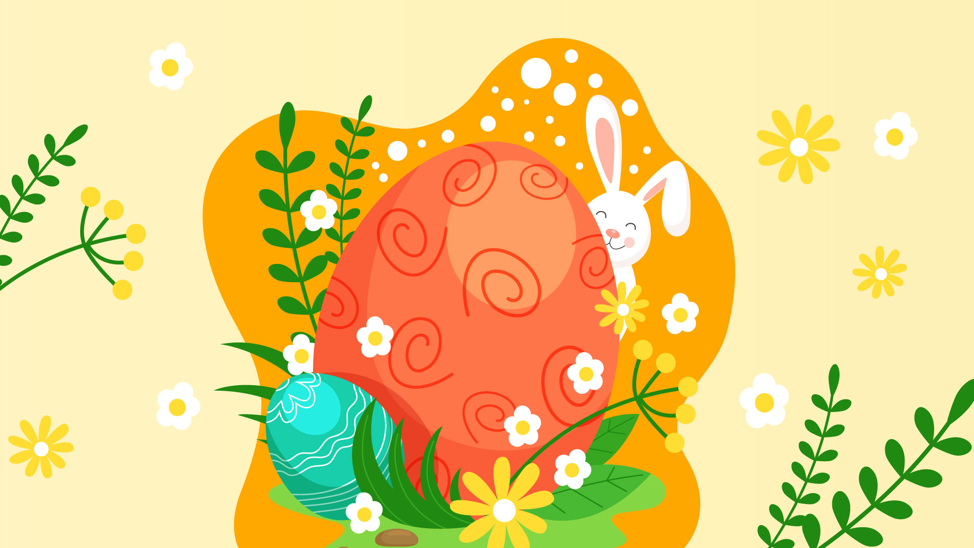 Ein lächelndes Häschen guckt hinter einem großen, orange verzierten Ei hervor, umgeben von Blumen und Grün, daneben liegt ein kleineres blaues Ei.