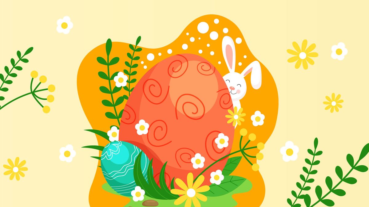 Ein lächelndes Häschen guckt hinter einem großen, orange verzierten Ei hervor, umgeben von Blumen und Grün, daneben liegt ein kleineres blaues Ei.