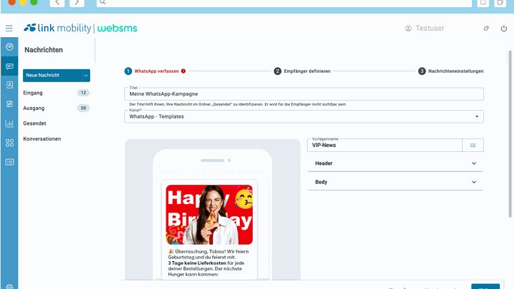 websms/MyLINK Engage Weboberfläche, die die Einrichtung einer WhatsApp-Kampagne mit einer Geburtstagvorlage zeigt, auf der eine Frau Pizza isst und festliche Grafiken zu sehen sind.