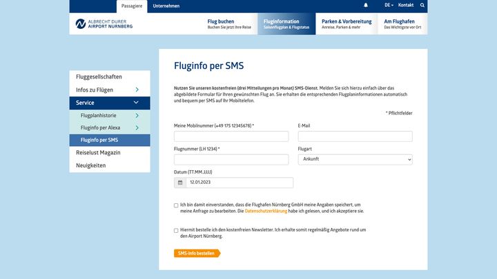 Website-Screenshot des SMS Service des Albrecht Dürer Airport Nürnberg.