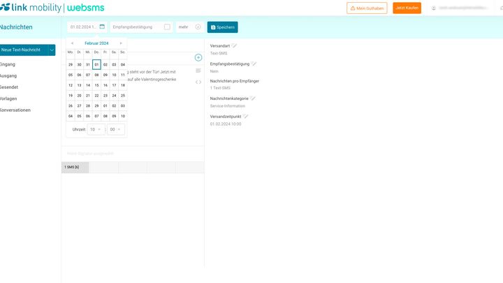 Benutzeroberfläche des websms Messaging Portals mit einer Kalenderauswahl zur Planung von Nachrichten sowie Optionen für den Nachrichtentyp und die Empfangsbestätigung.