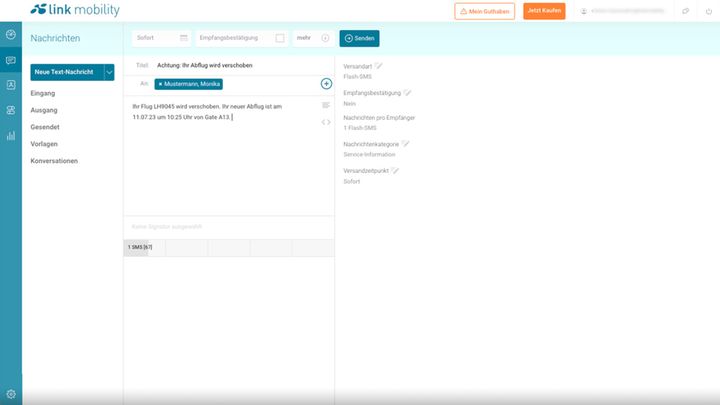 websms Messaging Portal Oberfläche neue Text-Nachricht schreiben.