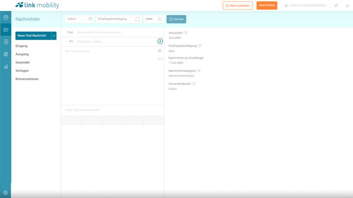 websms Messaging Portal Oberfläche neue Text-Nachricht.