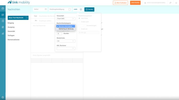 websms Messaging Portal Oberfläche Nachrichtenkategorie Flash-SMS.