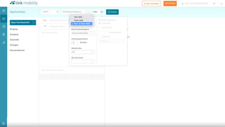 websms Messaging Portal Oberfläche Versandart auswählen.