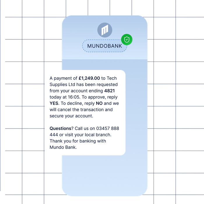 SMS message using SMS Sender ID showing a payment request from MundoBank with reply options for YES or NO to confirm or decline the transaction securely.