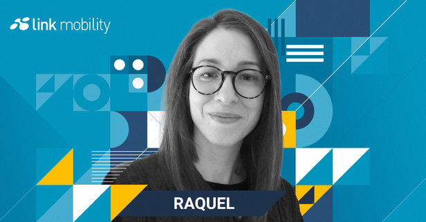 Headshot of Raquel Barbosa from LINK Mobility. She has shoulder-length straight dark hair and a broad smile. The background consists of geometric patterns with circles, squares, rectangles, lines, and triangles in multiple shades of blue, white, and yellow. The LINK Mobility logo is positioned in the top left corner.