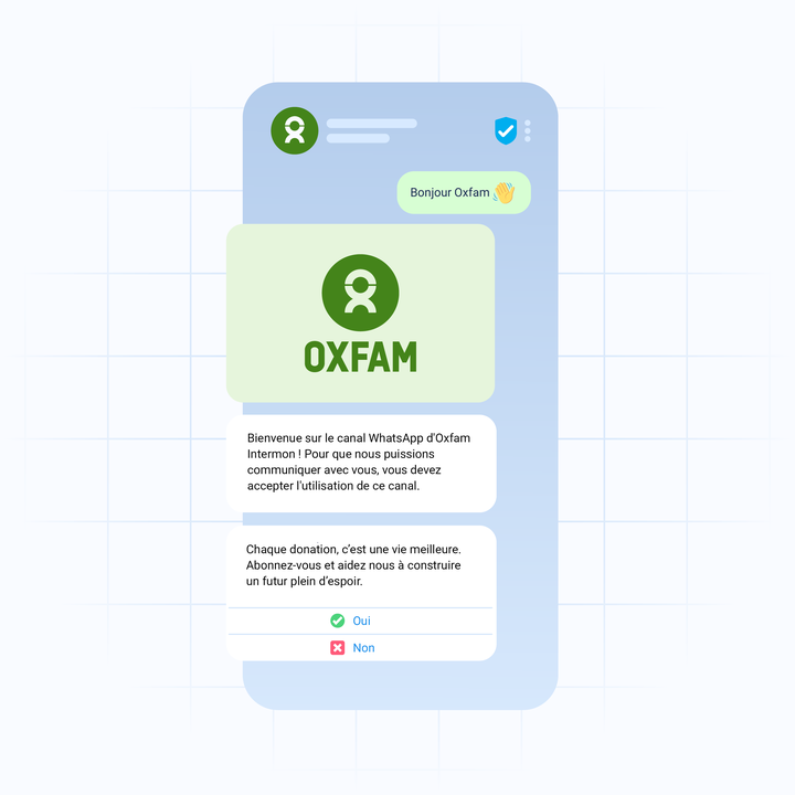 A mockup of a smartphone screen displaying a welcome message from Oxfam on WhatsApp, with options to accept or decline communication.
