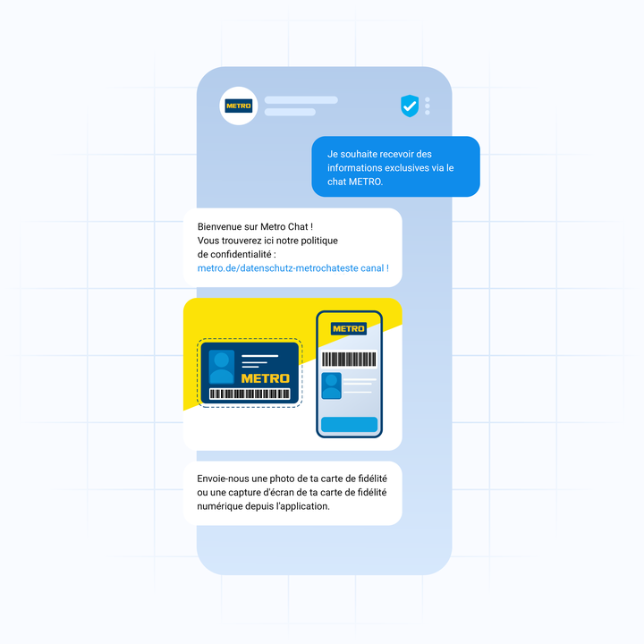 Graphic illustrating Metro Chat instructions, showing a phone screen with text prompts, privacy policy link, and loyalty card image request.